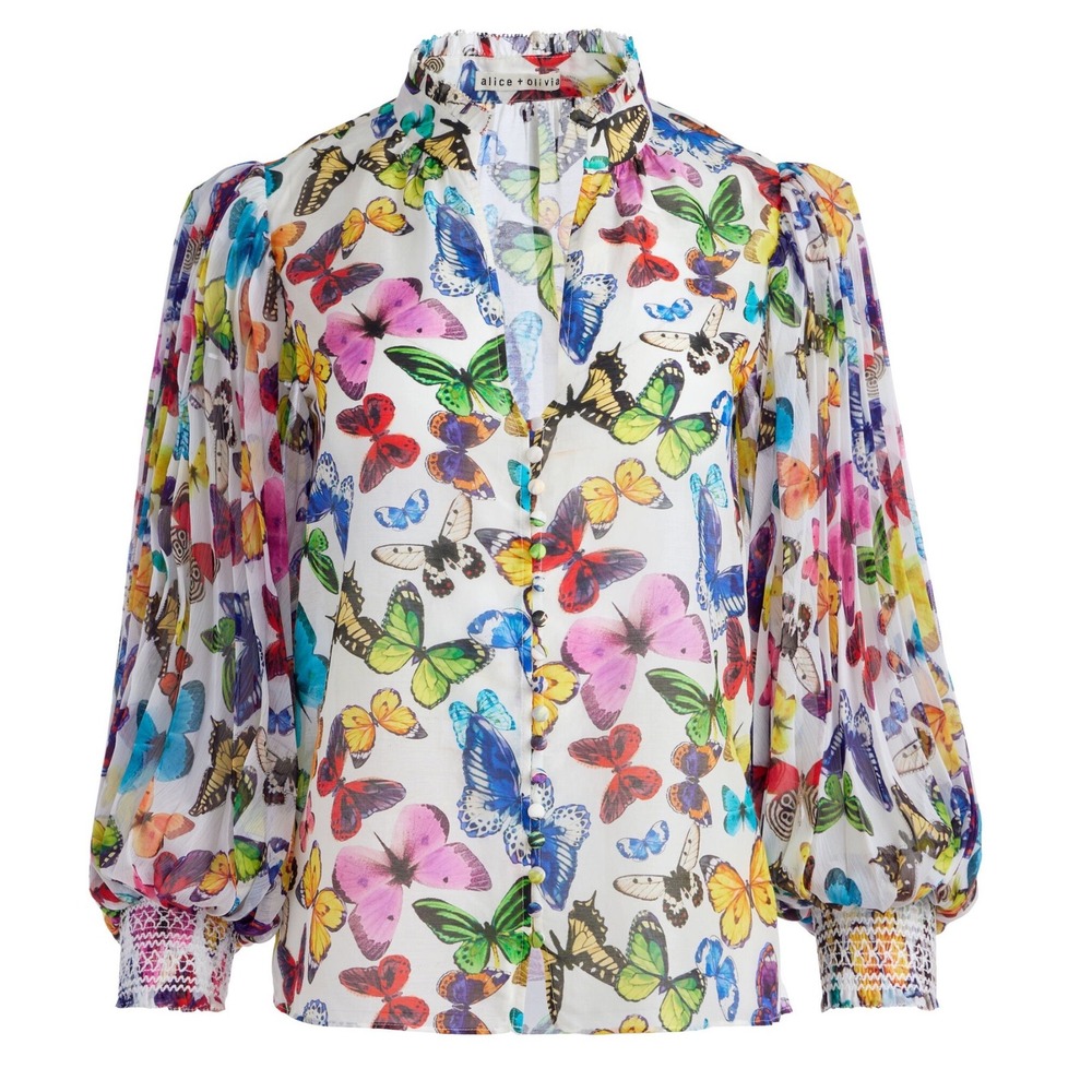 Alice + Olivia Women's Ilan Smocked Sleeve Button Front Blouse Butterfly High - Picture 3 of 11